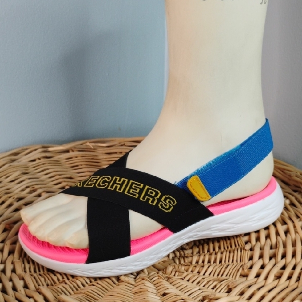 Skechers Gogo Mat Vibrant Neon Pink Black and Blue Elastic Strap Sandals Size 6